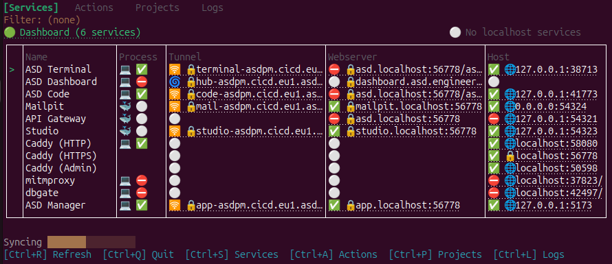 ASD Net terminal interface met 12 services en status indicators
